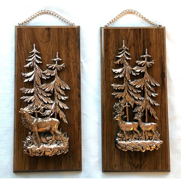 Vintage A & F Copper Tone 3D Set of 2 Wildlife Wall Plaque Deer Elk Canada - Picture 1 of 12